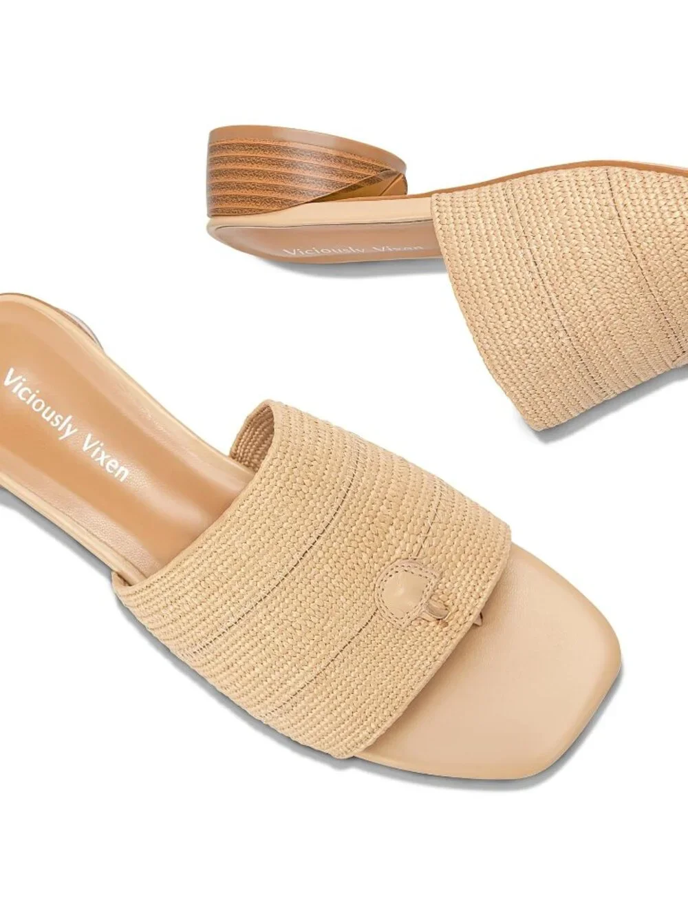 Women's Block Kitten Heels Raffia Slide Mule Sandals Square Open Toe Shoes - Picture 6 of 6